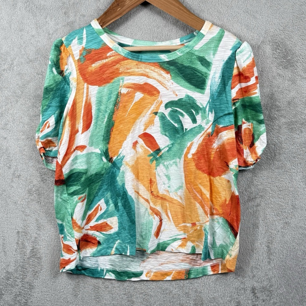 Chico's Top Womens XL Multicolor Abstract Watercolor S/S Round Neck Casual Beach